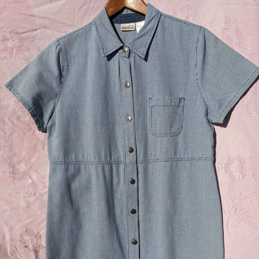 Vintage Gingham Maxi Shirt Dress Large Blue Cotton Cottagecore Button Up Plaid - Picture 3 of 13